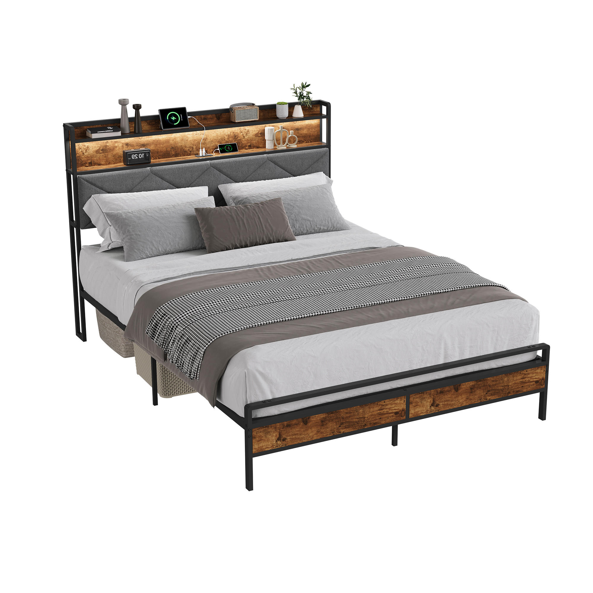 METALLBETT 140x200 cm mit LED, USB & Ablage, Grau - Grau, Metall (140/200cm) - EuroLiving