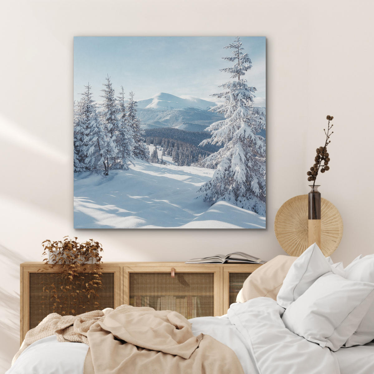 AKUSTIKPANEEL Winterlandschaft - Natur - Berge - Bäume - Schnee 90x90 cm - Hellblau, Textil (90/0.9/90cm) - MuchoWow