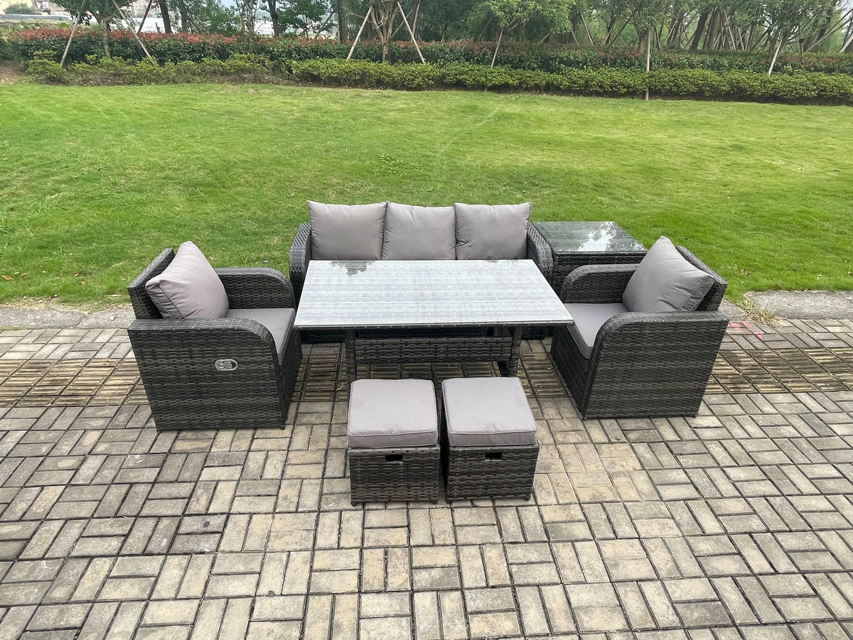 GARTENSET mit 3-Sitzer-Sofa,Beistelltischen,Esstisch Polyrattan 7-Sitzer - Dunkelgrau/Grau, Glas/Kunststoff - Fimous