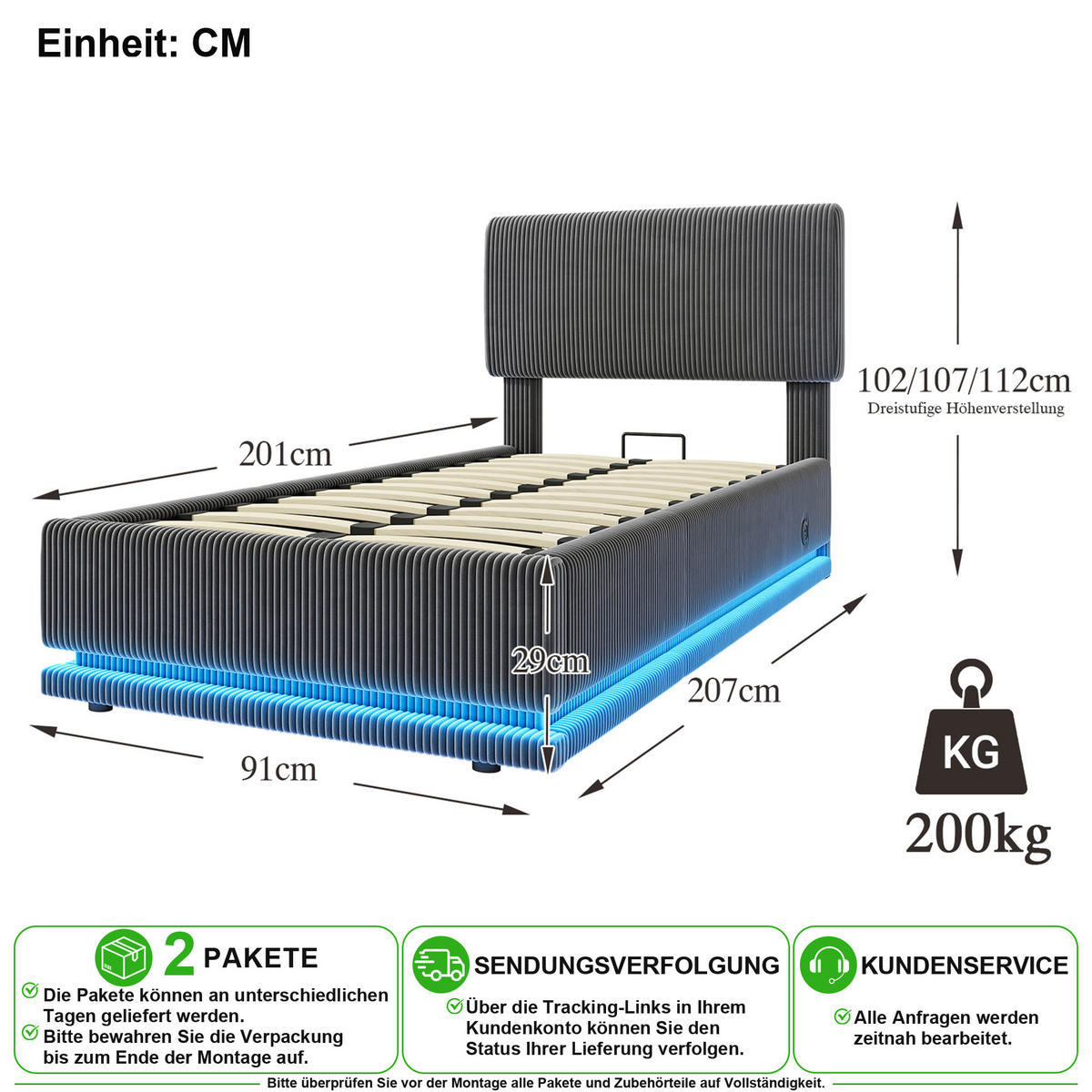 POLSTERBETT 90/200 cm in Dunkelgrau mit Stauraum, LED und USB-C Cord - Dunkelgrau, Holzwerkstoff/Textil (90/200cm) - CHICFURN