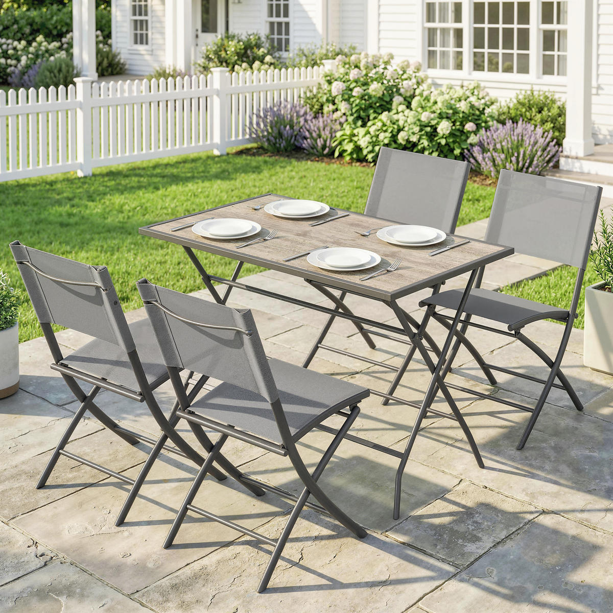 OUTDOOR-ESSGRUPPE 5er Set Stahl Netzstoff Grau - Grau, Textil/Metall - Outsunny