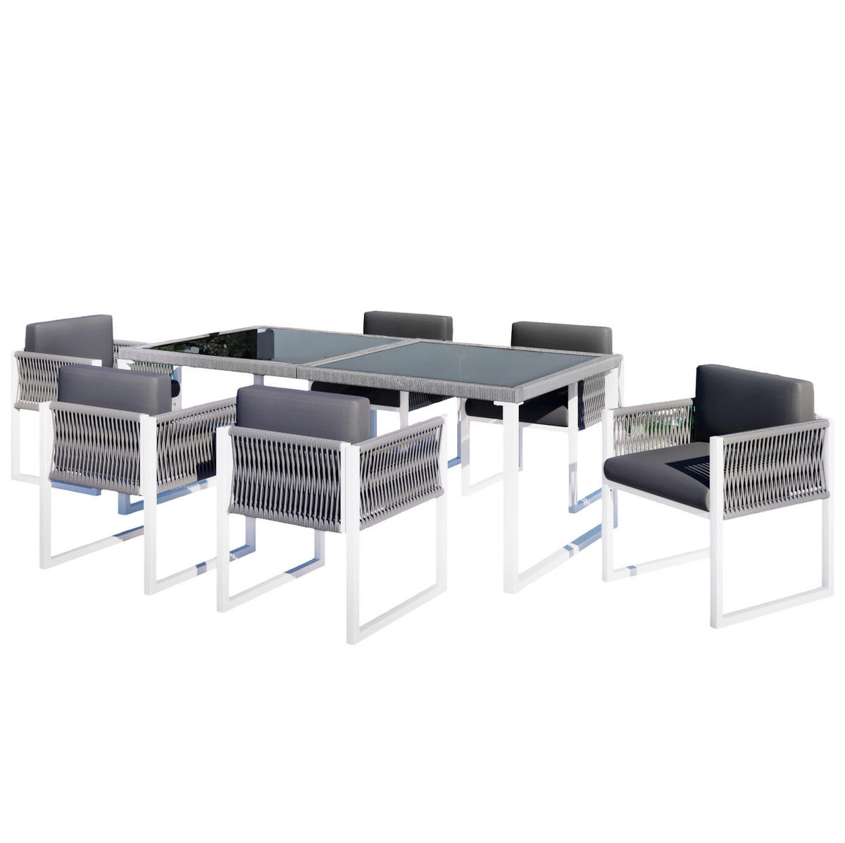 GARTEN-ESSGRUPPE 170/80/75 cm grau/weiß aus Eisen mit 6 Stühlen - Grau, Metall - OKWISH