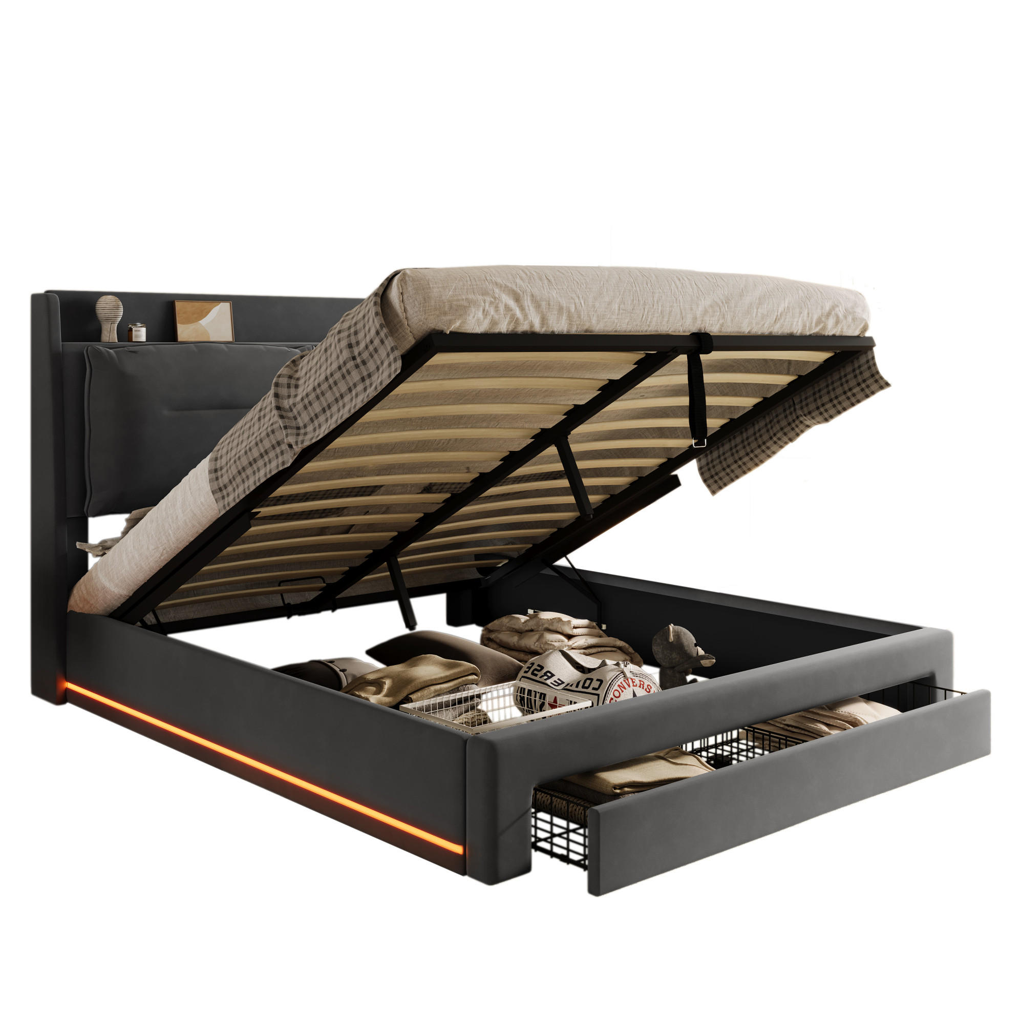 POLSTERBETT 140/190 cm Dunkelgrau mit hydraulischem Bettkasten und LED-Beleuchtung - Dunkelgrau, Textil (140/190cm) - OKWISH