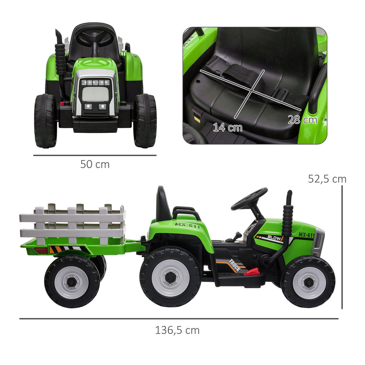 ELEKTRISCHER Traktor Kinder Aufsitztraktor mit MP3 Funktion, 3-6KM/H, Grün - Grün, Metall (136.5/50/52.5cm) - HOMCOM