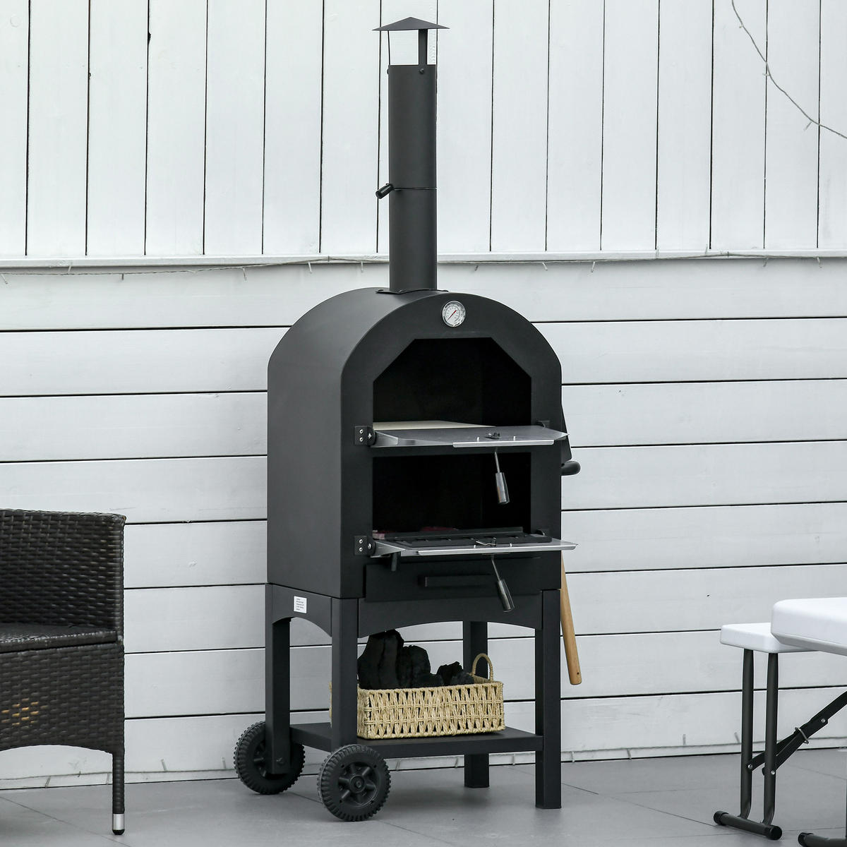 PIZZAOFEN DE-13746 auf Rollen mit Temperaturanzeige Schwarzgrau - Schwarz, Metall (54/161/63cm) - ComfortXL