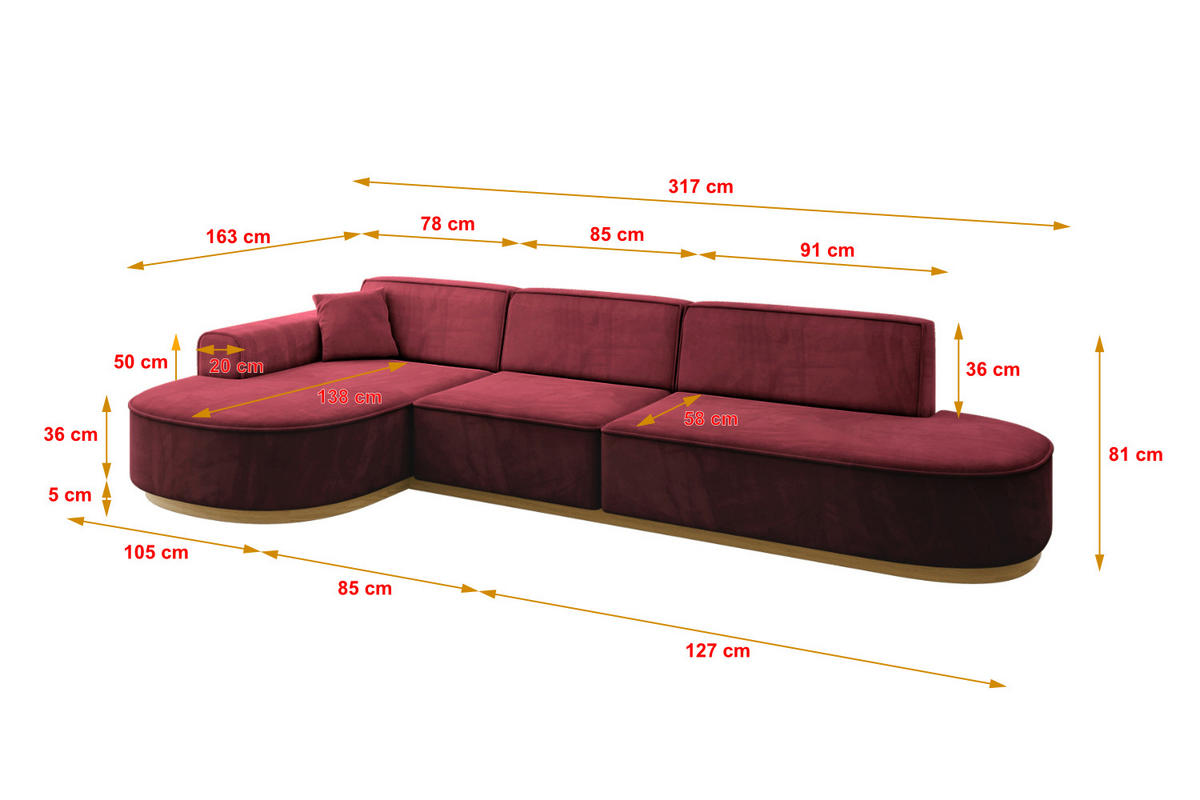 ECKSOFA Ottomane Links MARI-L2-v2 - 328x171x83 cm Bordeaux Velours - Bordeaux, Holzwerkstoff/Textil (328/171cm) - ALTDECOR