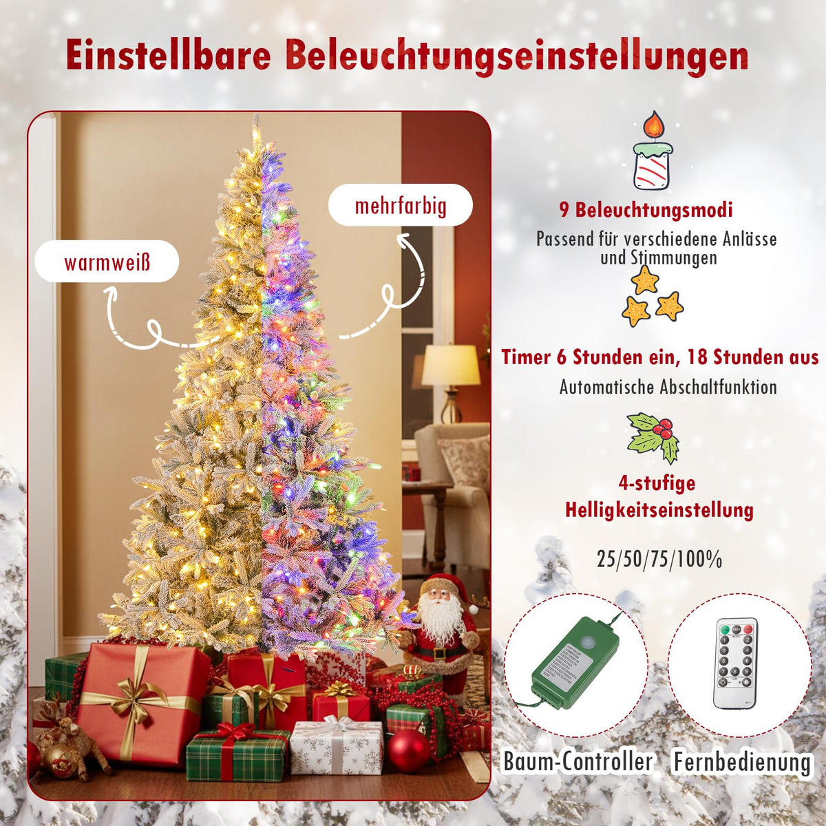 WEIHNACHTSBAUM halber Tannenbaum mit LEDs 180 cm weiß - Weiß, Metall (180cm) - COSTWAY
