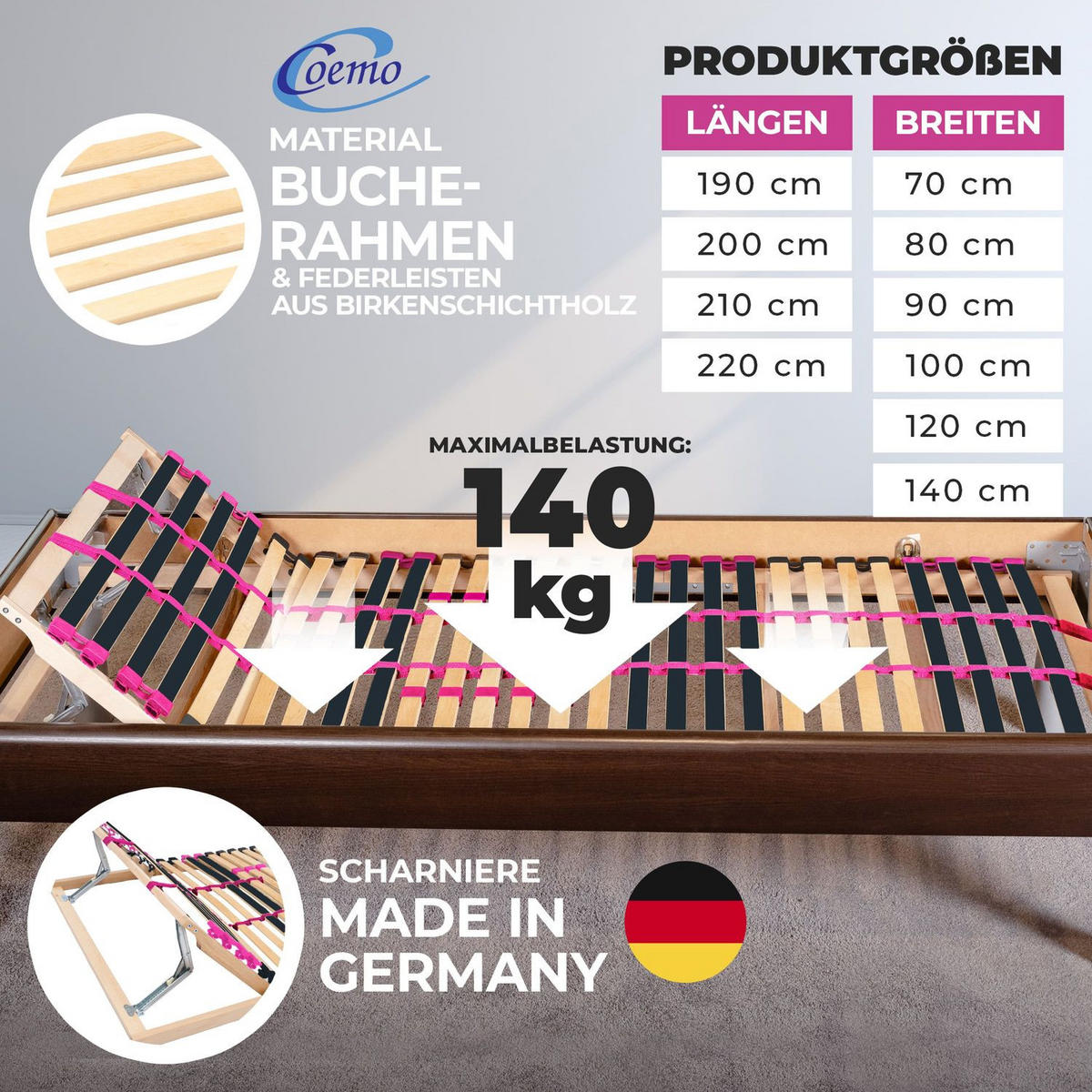 LATTENROST PINK DREAM 90 x 200 cm Kopfteil verstellbar, Selbstmontage - Naturfarben, Holz (90/200cm) - Coemo