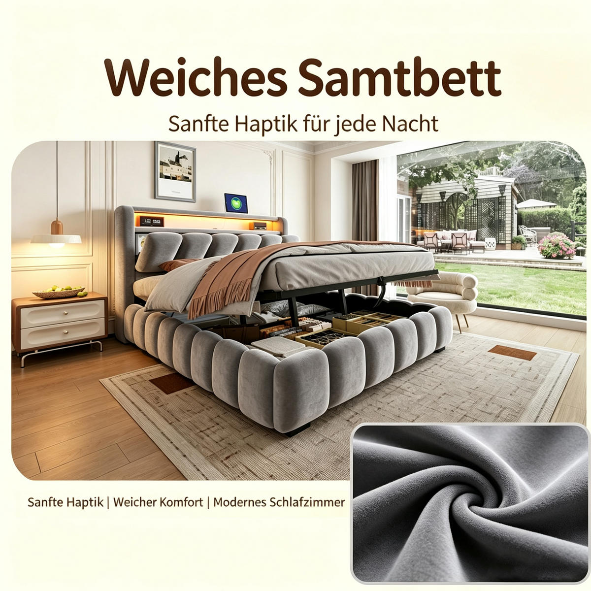 BOXBETT 180/200 mit LED/USB-C, Samt, Grau - Grau, Holz (180/200cm) - LVHOM