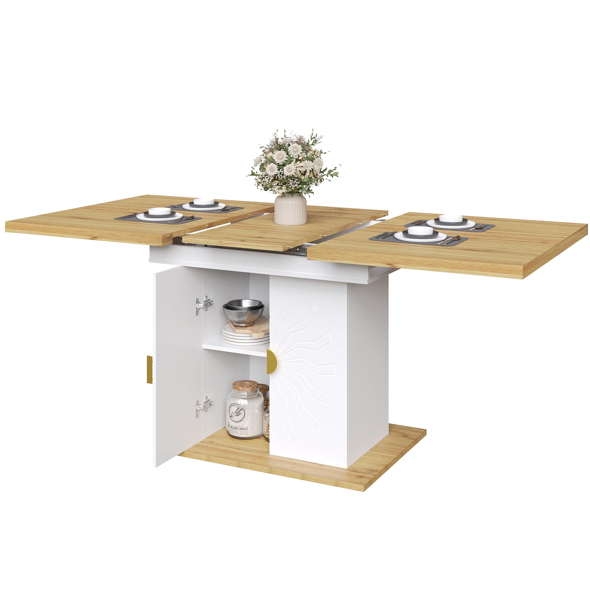 AUSZIEHTISCH 110/70/76 cm Weiß mit Stauraum MDF Tisch mit Sonnen-Relief - Weiß, Holzwerkstoff (110/70/76.5cm) - OKWISH