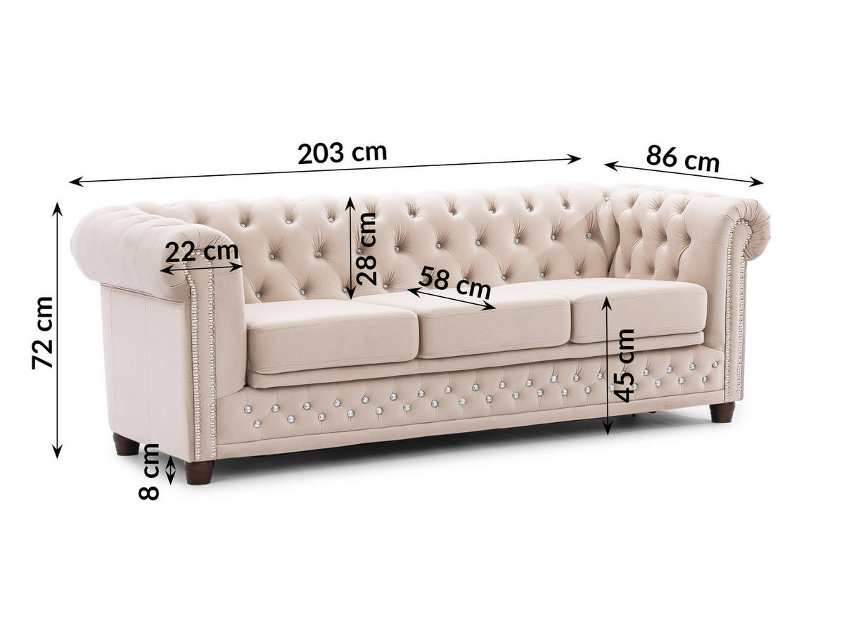 CHESTERFIELD-SOFA 3-Sitzer mit Schlaffunktion Cleo Blink Beige Samt mit Kristallsteppung und braunen Massivholzfüßen - Beige/Braun, Holz/Textil (203/72/86cm) - S-Style Möbel