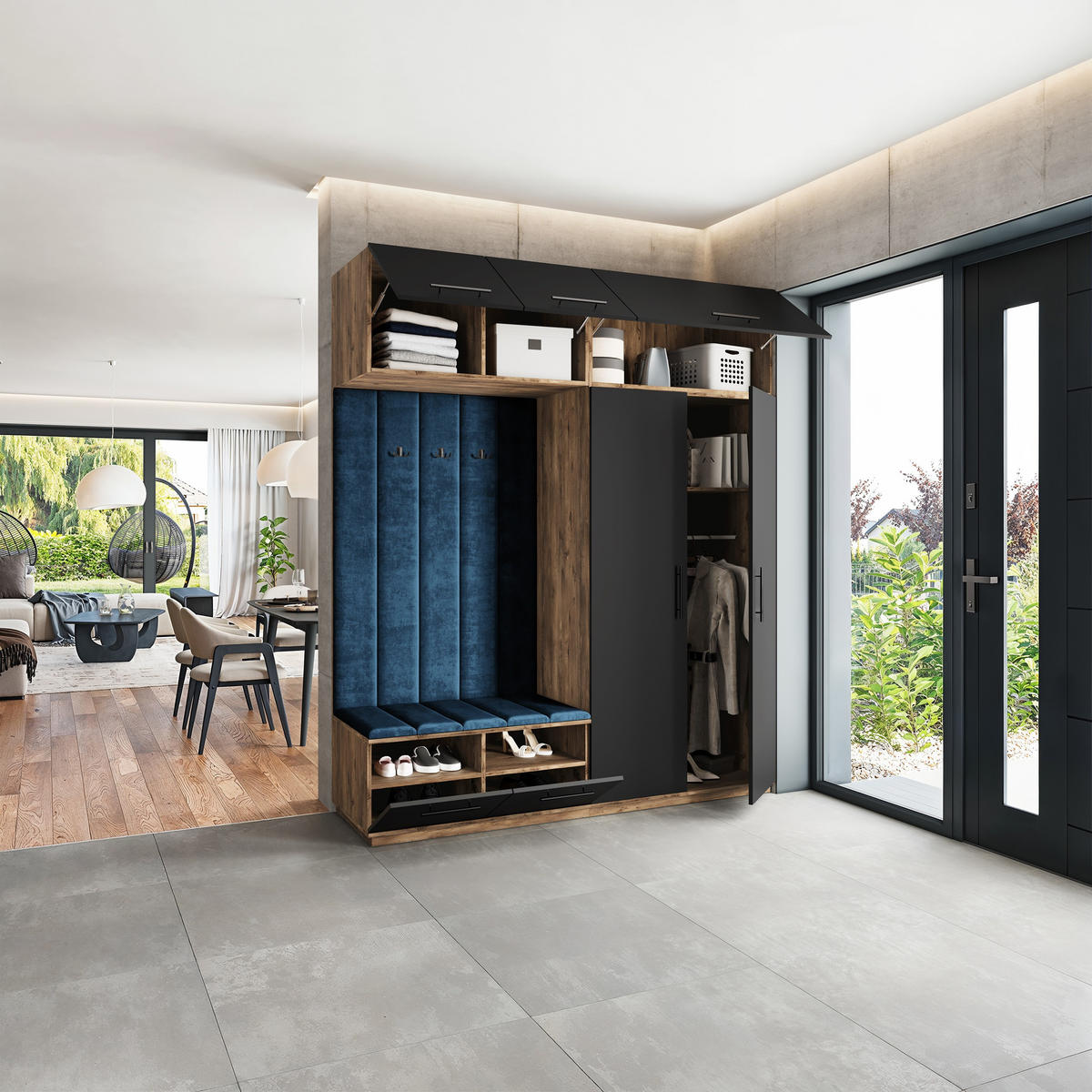 GARDEROBENSCHRANK REMA 200/240/60 cm Modern Garderobe-Set Eiche Lefkas - Blau/Eichefarben, Holzwerkstoff (200/240/60cm) - MASSENO