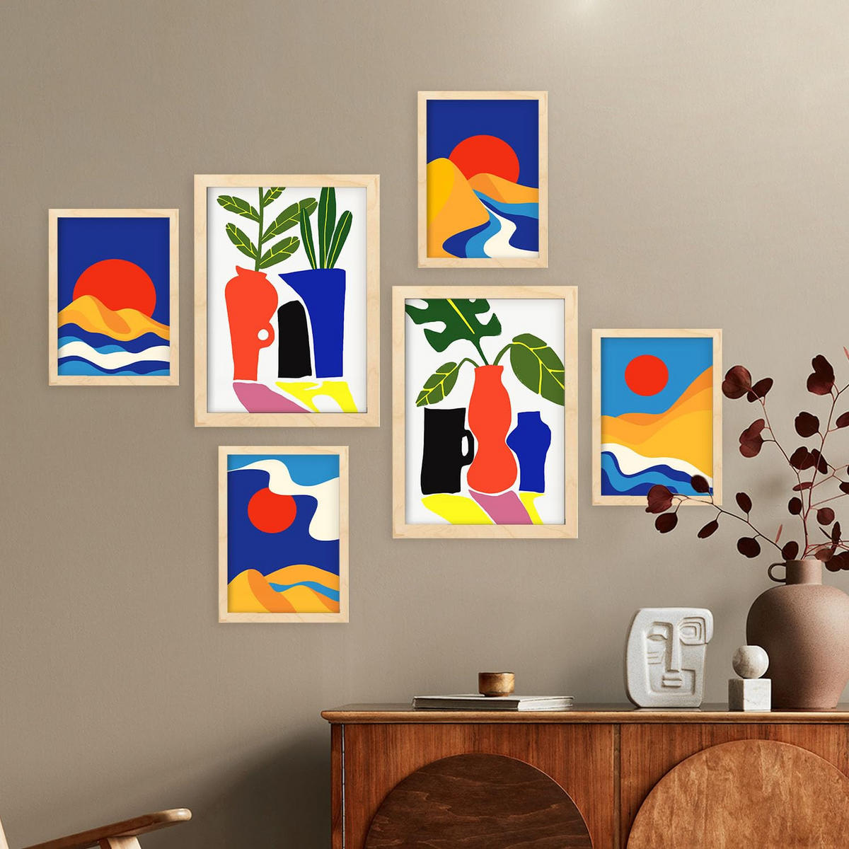 POSTER Set Mit 6 Sanfte abstrakte Landschaften Größe A3 & A4 Rahmen aus hellem Holz - Beige, Papier (29.7/1cm) - Nacnic