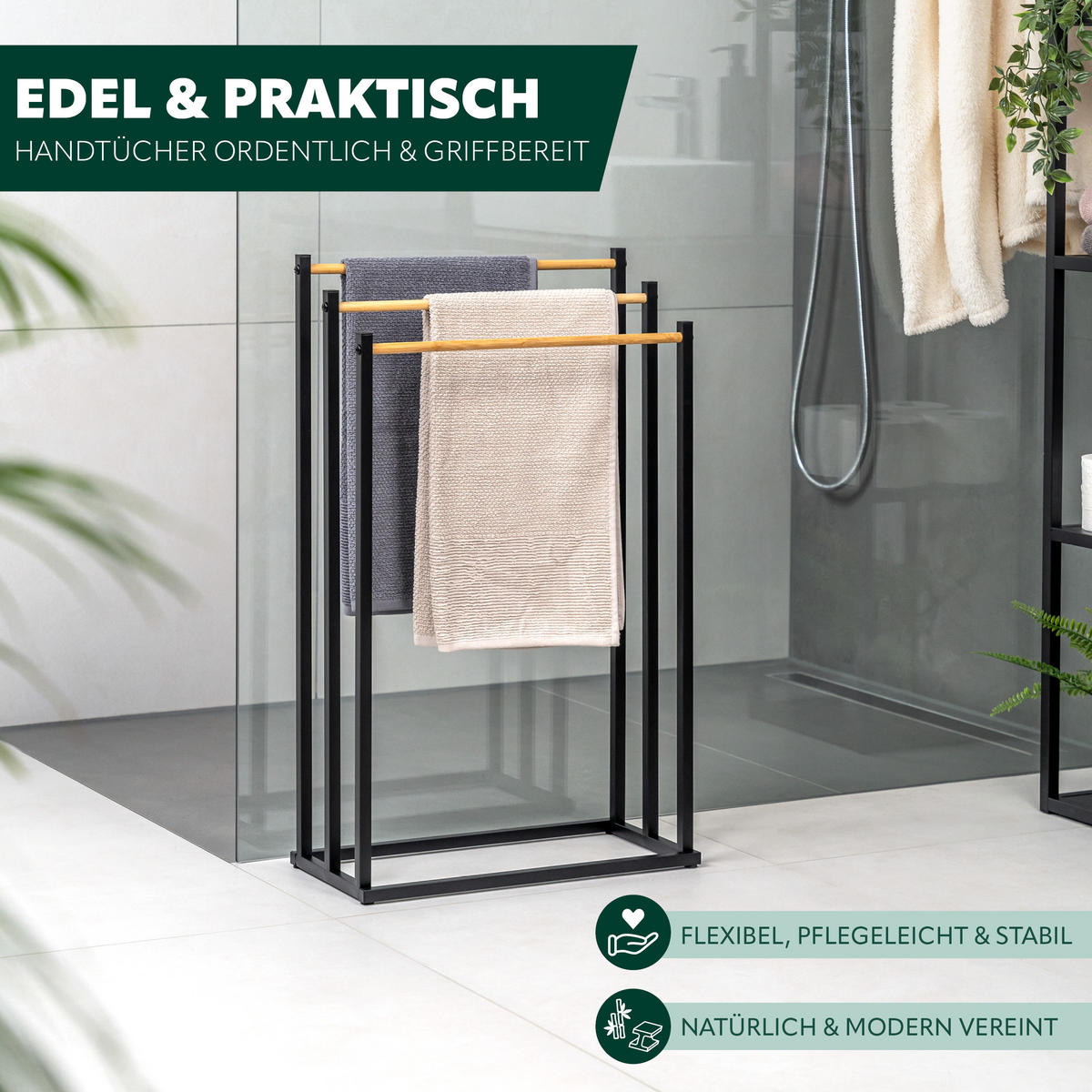 STAND-HANDTUCHHALTER, Bambus/Metall schwarz - Schwarz, Metall (45.5/76.5/22cm) - eluno