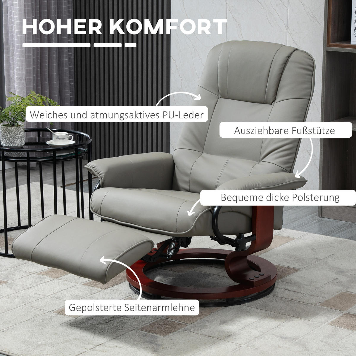 FERNSEHSESSEL Relaxsessel Liegesessel Kunstleder 360° Drehstuhl Holzfuß neigbar - Braun/Grau, Holz/Kunststoff (87/100/78cm) - HOMCOM