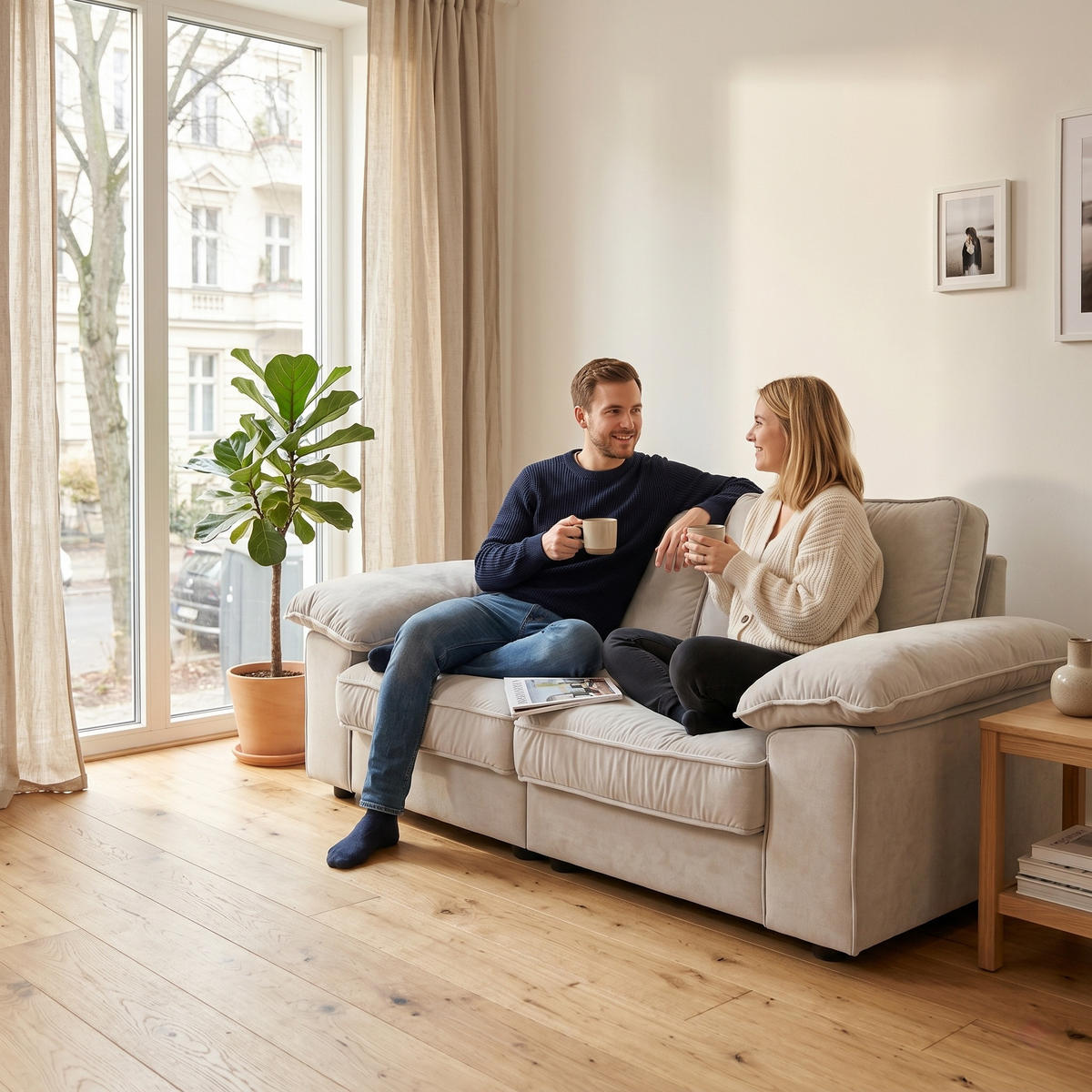 2-SITZER SOFA Samt Cream White mit Stauraum und Taschenfederkern - Creme, Holzwerkstoff/Kunststoff (201/89/91cm) - WISHDOR