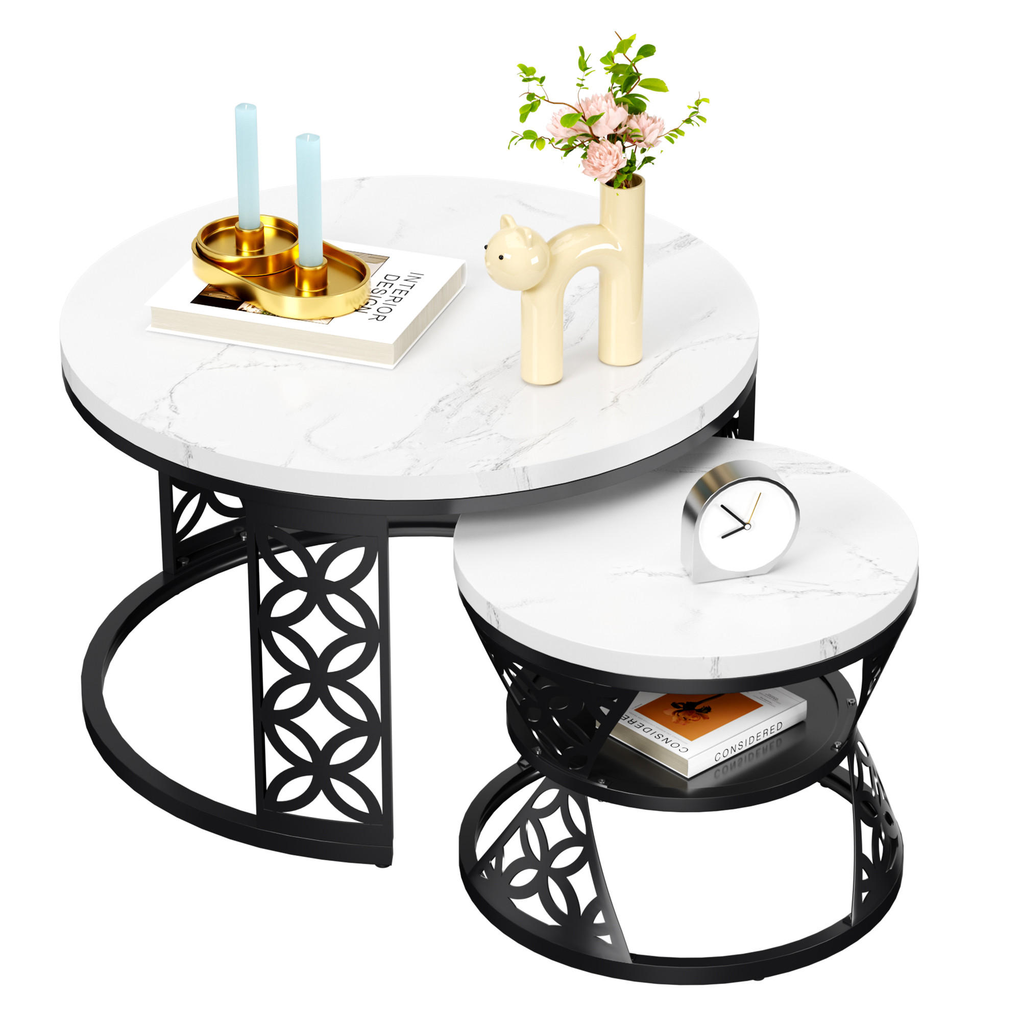 COUCHTISCH 2er weiß und schwarz Wohnzimmertisch mit Metallgestell, Beistelltisch Satztisch für Wohnzimmer - Goldfarben/Schwarz, Holzwerkstoff/Metall (70/70/45cm) - EVRYAE