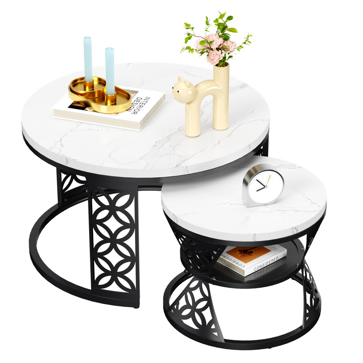 COUCHTISCH in Weiß/Schwarz Hitzebeständiger Wohnzimmertisch mit Marmor-Optik Platte Sofatisch mit Metallgestell - Schwarz/Weiß, Holzwerkstoff/Metall (70/70/45cm) - STILVORA
