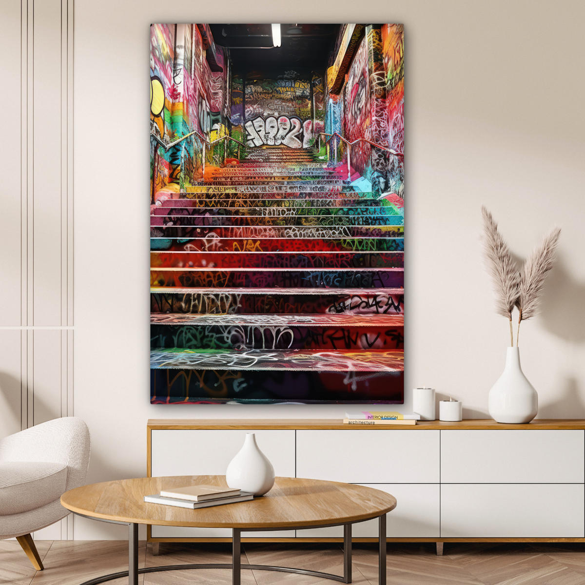 LEINWANDBILD Treppe - Graffiti - Farben - Kunst Deko XXL 80x120 cm - Multicolor, Textil (80/120cm) - MuchoWow