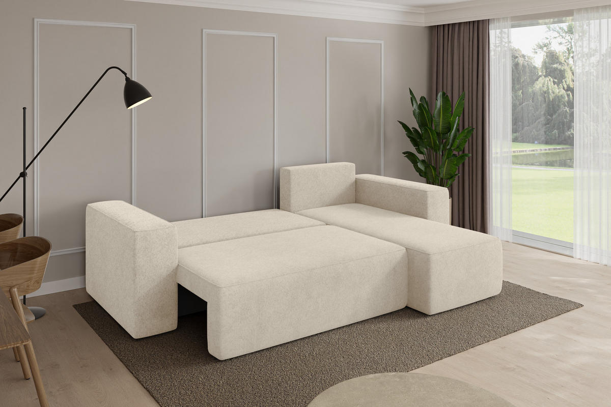 ROHOVÁ SEDAČKA s funkcí spaní, otoman vpravo SENO-L 249x139x85 krémová velur - černá/krémová, kompozitní dřevo/textil (249/139cm) - ALTDECOR
