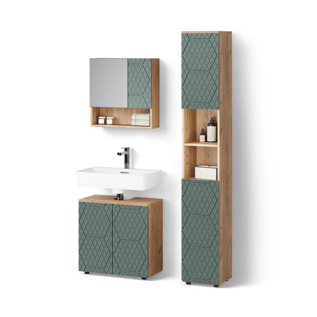 Livinity® SADA NÁBYTKU DO KOUPELNY Ronco, Zelená/Zlatý mocný dub, 3dílná
