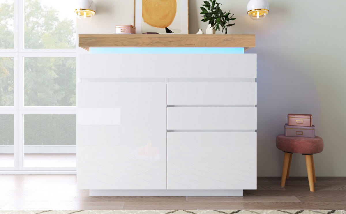 KOMMODE, Hochglanz, 3 Schubladen & 2 Türen, LED-App-Steuerung, 110x39x115 cm, Weiß - Weiß, Holzwerkstoff (39/115/110cm) - Modfu