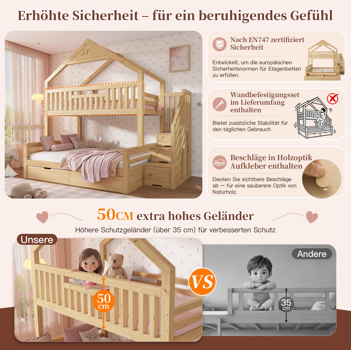ETAGENBETT Holz 140x200 cm Eichefarben mit Treppenschrank, 2 Schubladen und Giebeldach - Eichefarben, Holz (140/200cm) - Modfu