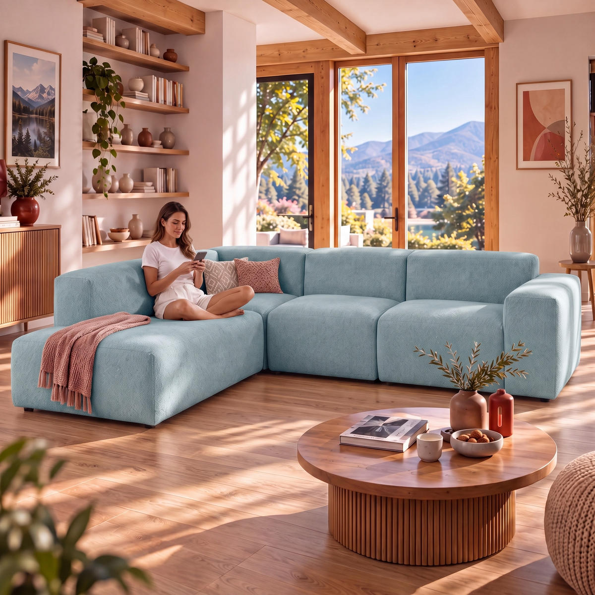 4-SITZER modulares Ecksofa HEAVEN SET 2 Links, Breite 300 cm Webstoff Blaugrau - Blaugrau/Schwarz, Holz/Kunststoff (300/245cm) - Muffo