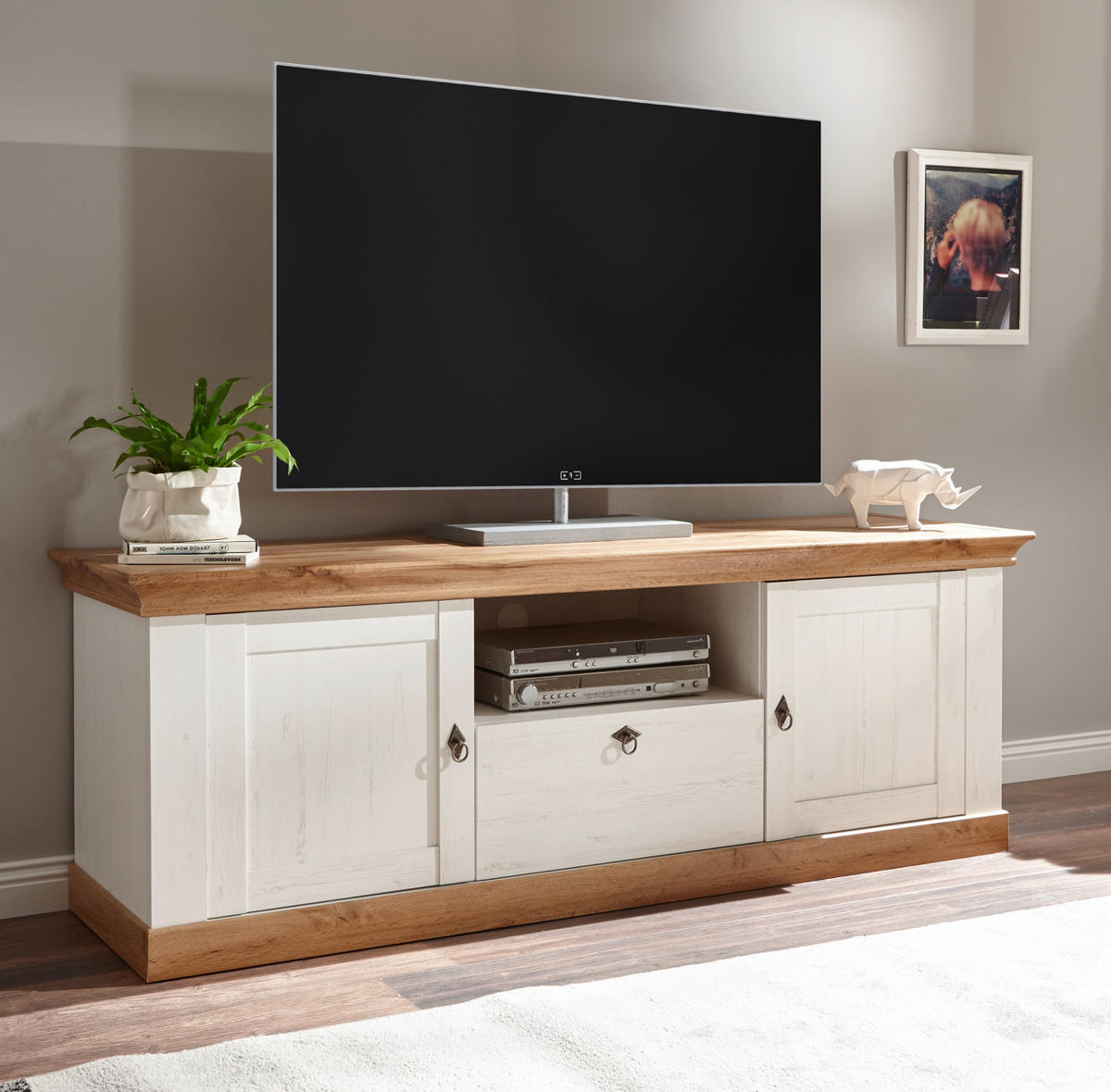 TV-LOWBOARD weiß Pinie, Eiche Wotan 183 cm, Landhaus Fernsehtisch mit Komforthöhe - Silberfarben/Eiche Wotan, Holzwerkstoff/Metall (182/64/52cm) - Furn.Design