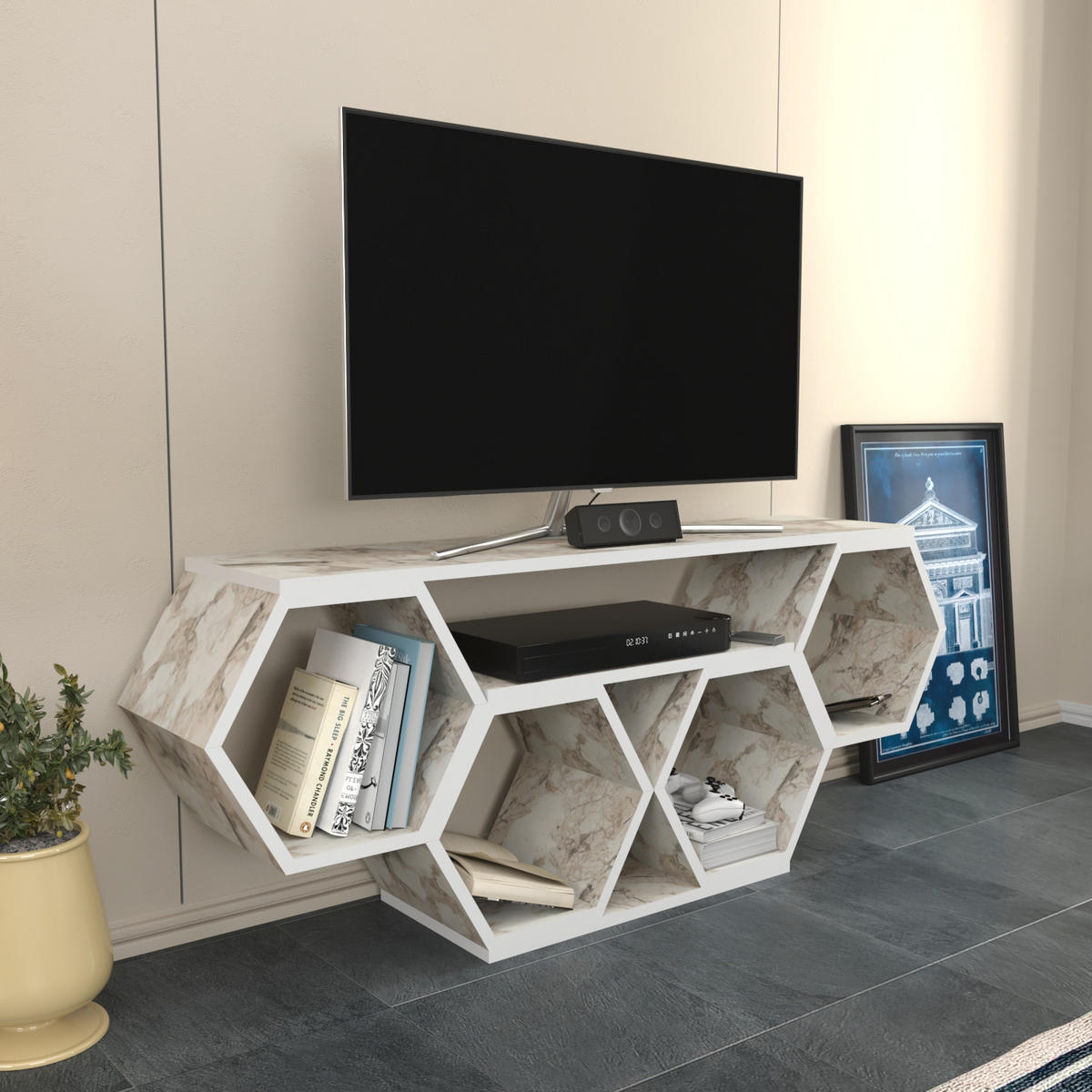 TV-ELEMENT Honig Weiß - Weiß, Holzwerkstoff (140/55.5/29.6cm) - Decorotika