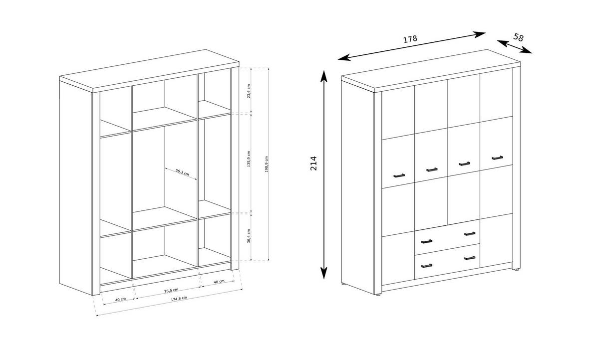DREHTÜRENSCHRANK ZERI 178/214/58 cm 4-türig Eiche Bianco - Eiche Bianco, Holzwerkstoff (178/214/58cm) - MASSENO