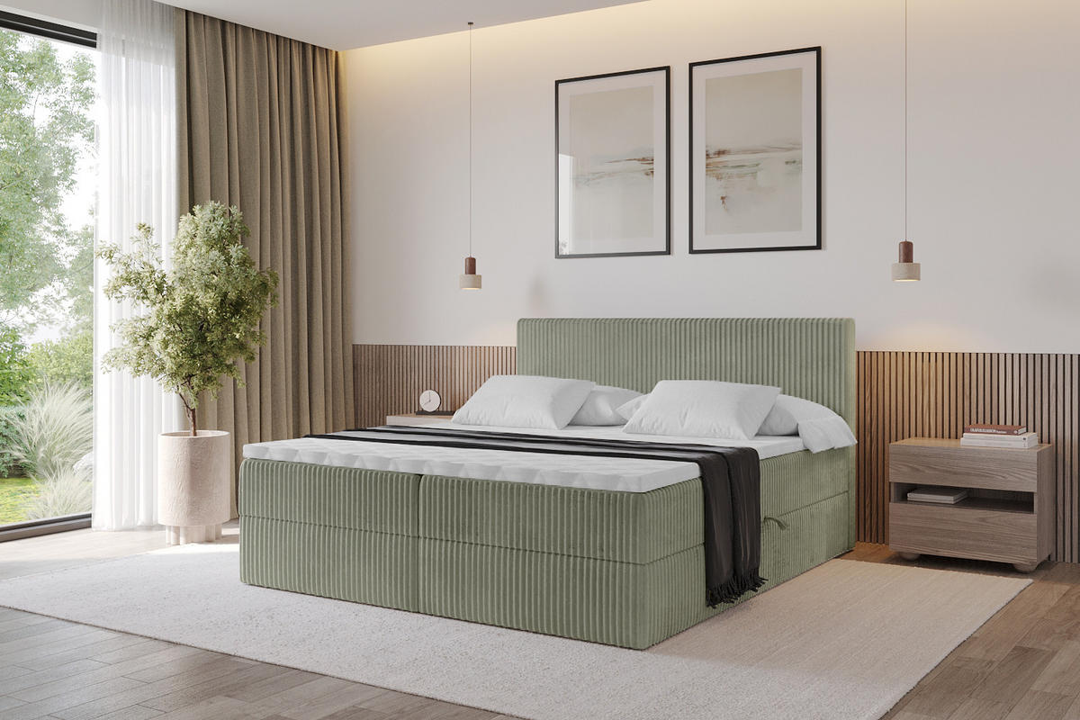BOXBETT mit Matratze H3 und Lattenrost - TOLO - 200x200 Cord - Olive - Olivgrün, Holzwerkstoff/Kunststoff (200/200cm) - ALTDECOR