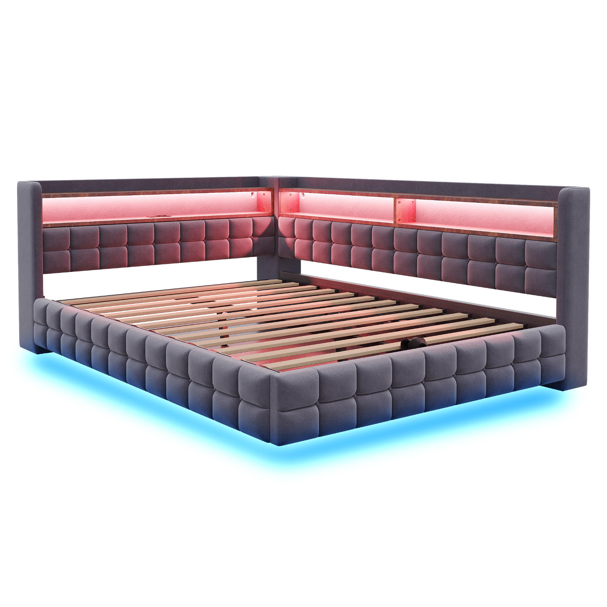 STAURAUMBETT 140/200 cm DE-02134, in Dunkelgrau, mit LED, Steckdosen und Holzregal - Dunkelgrau, Holzwerkstoff (140/200cm) - ComfortXL