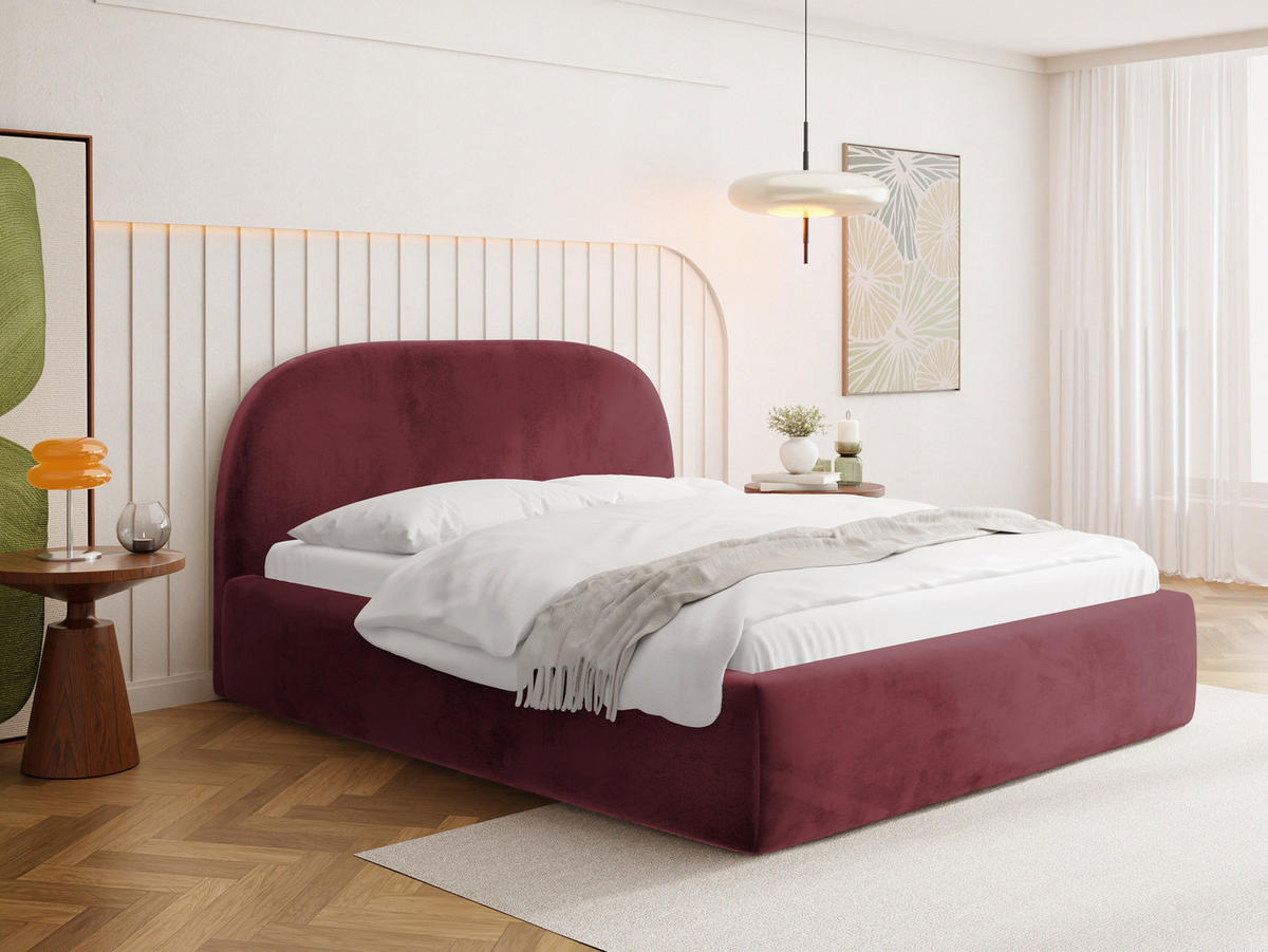 POLSTERBETT Puro mit Bettkasten, Bordeaux Samt 120 x 200 cm – mit Metall-Lattenrost - Bordeaux/Birkefarben, Kunststoff/Textil (120/200cm) - WFL GROUP