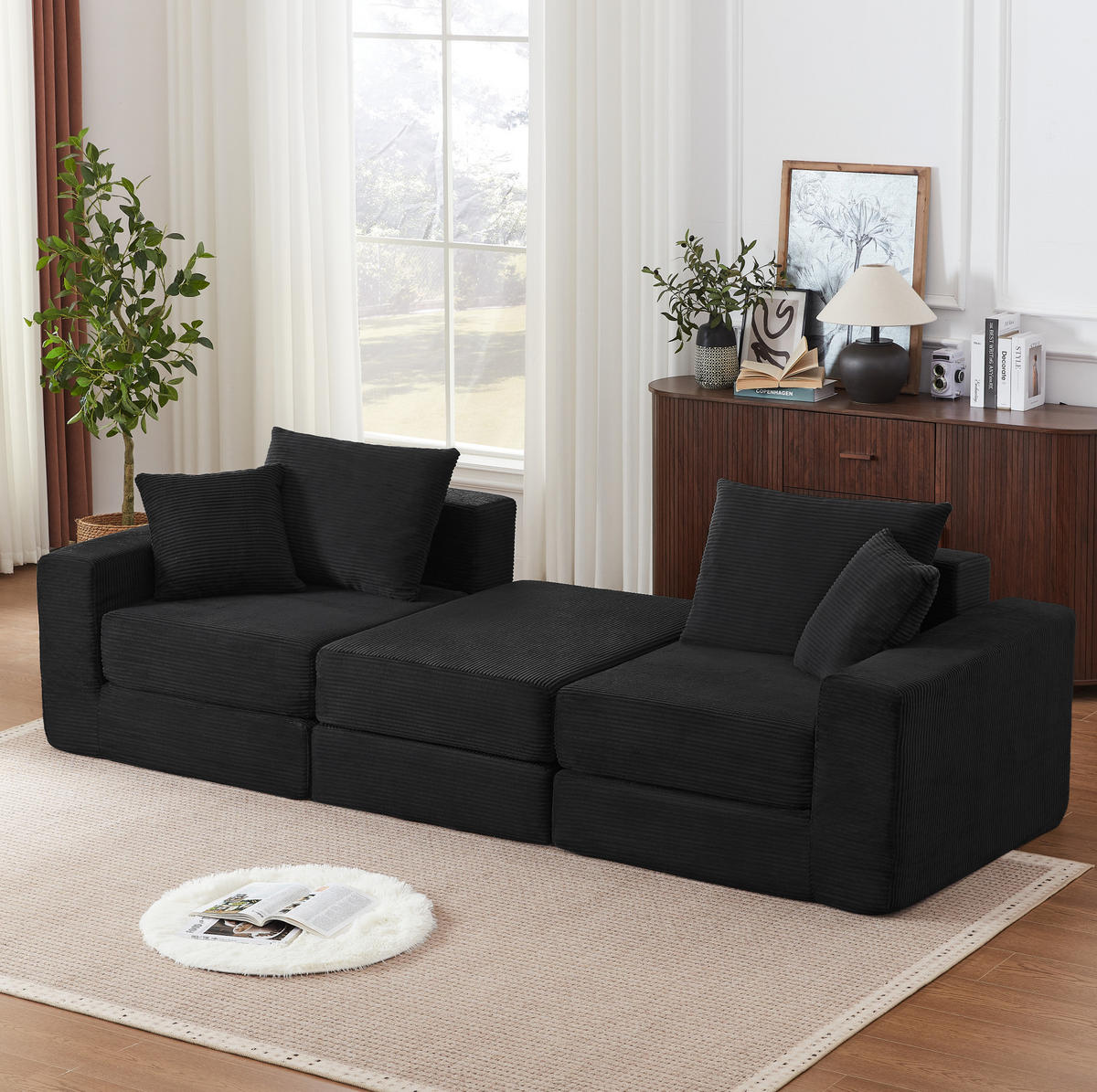 SOFA modular 2-Sitzer Cord Schwarz - Schwarz, Kunststoff (96/259.5cm) - Meubliv