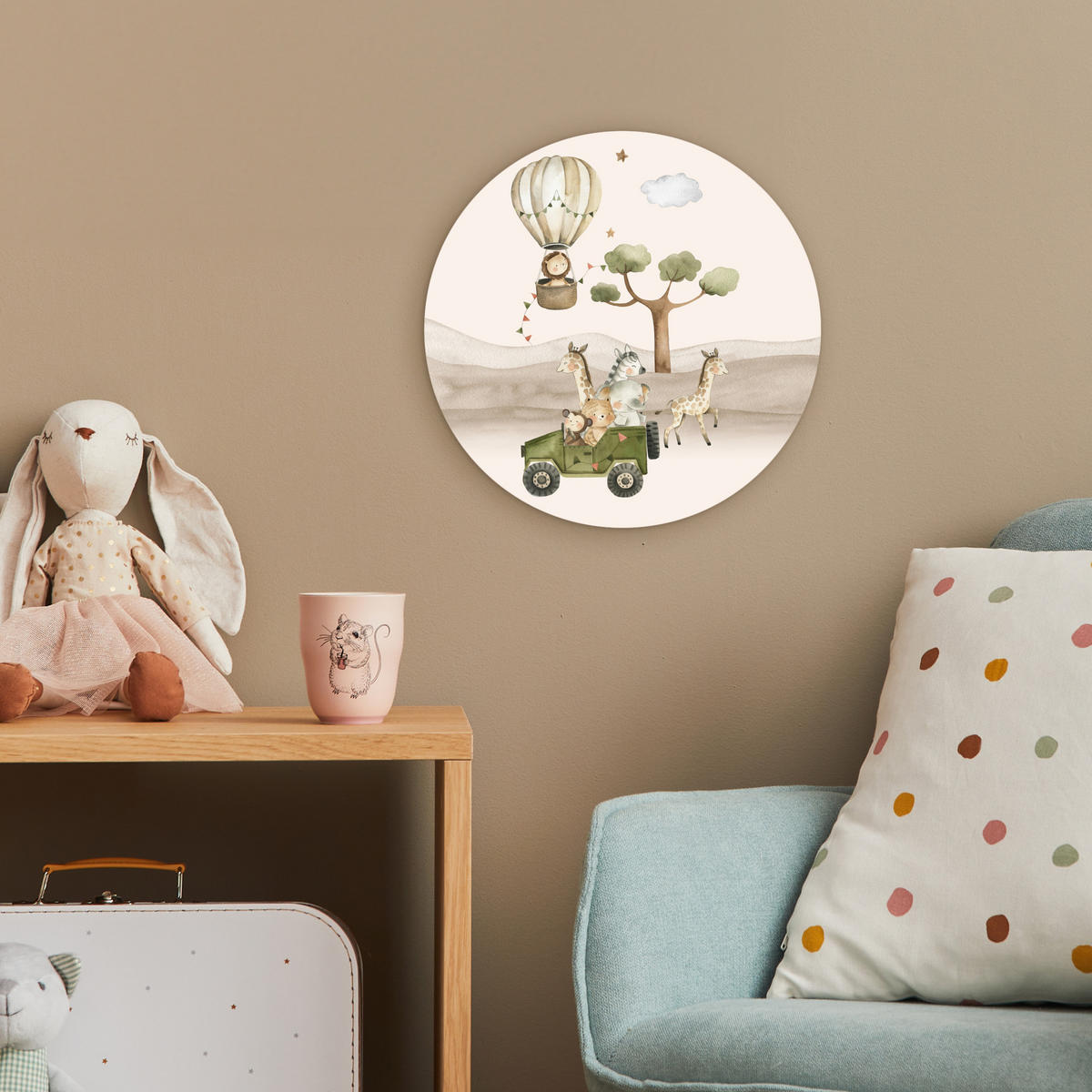 WANDBILD Wilde Tiere - Safari - Aquarell - Heißluftballon 30x30 cm - Beige, Kunststoff (30/30cm) - MuchoWow