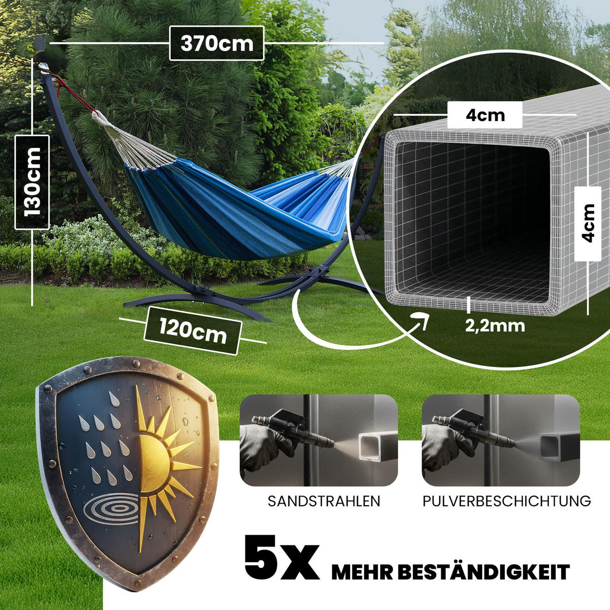 HÄNGEMATTE mit Gestell, 2 Personen, XXL, 200 kg, Metall, Grey, einfache Montage - Grau, Metall (370/130/120cm) - Potenza