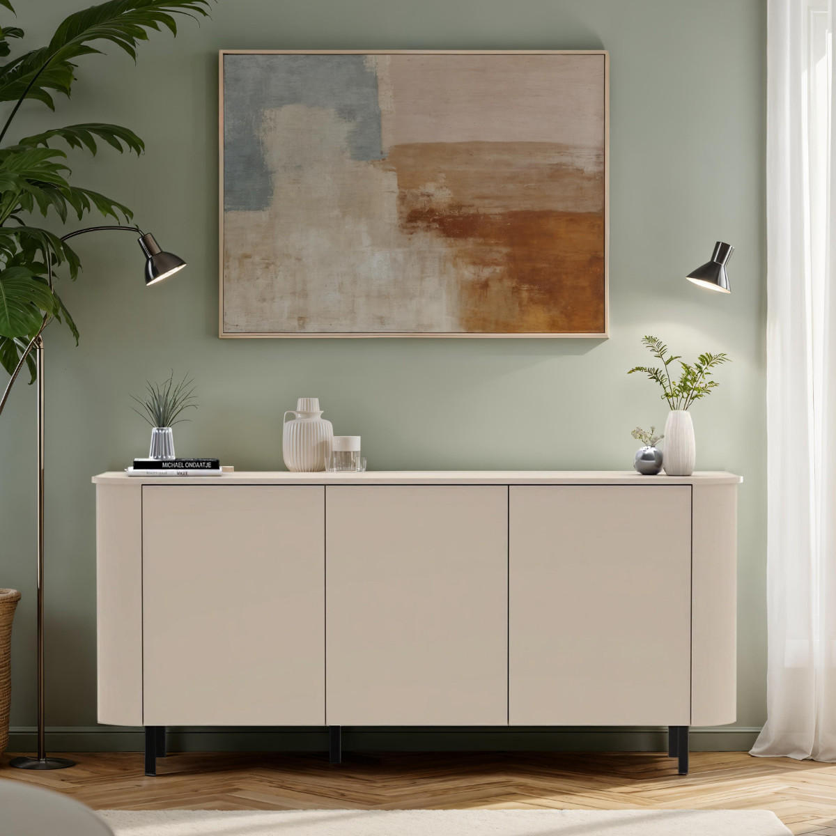 SIDEBOARD 3?türig abgerundete Kanten Kaschmir 180,2/42/82,3 cm - Beige, Holzwerkstoff (42/82.3/180.2cm) - Calicosy