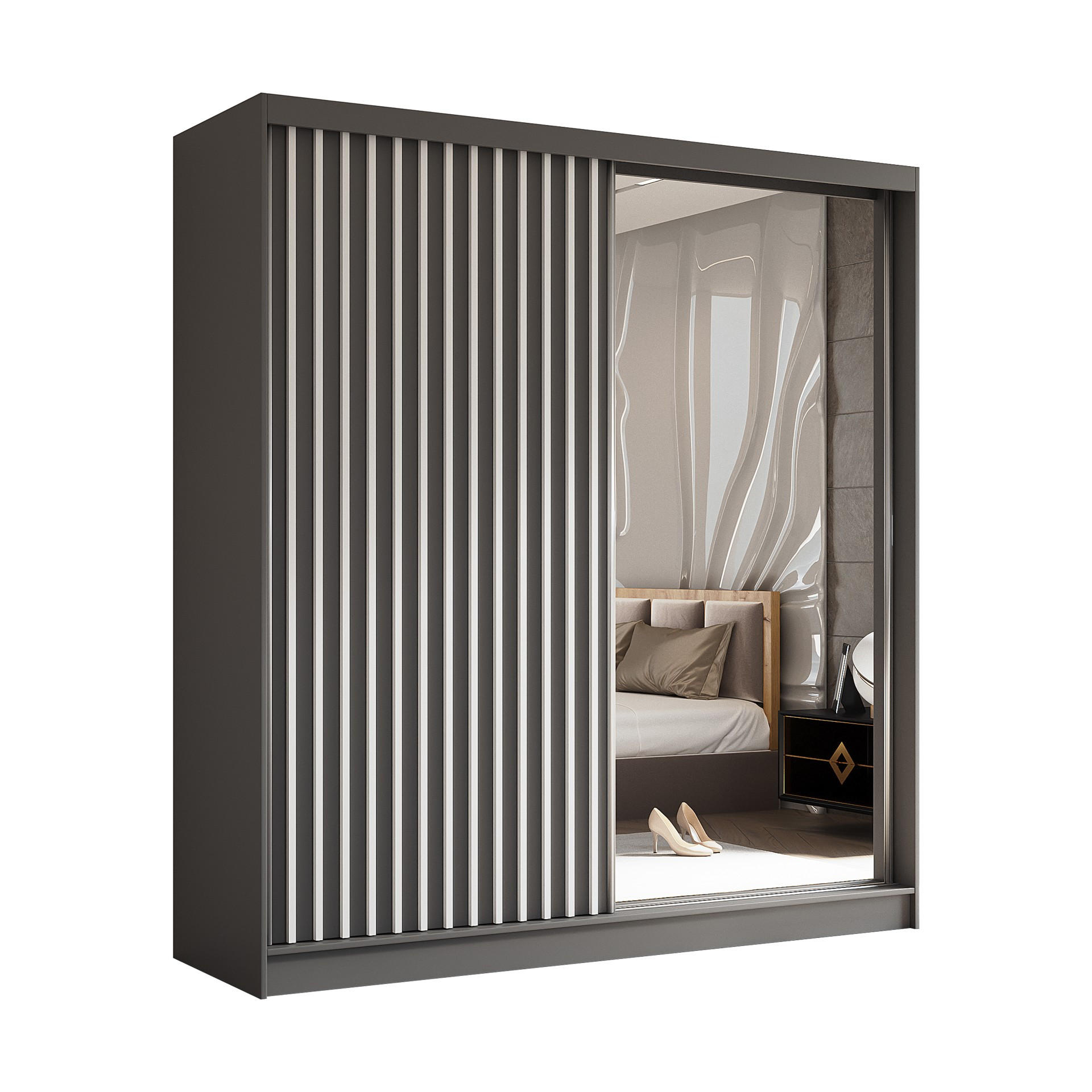 SCHWEBETÜRENSCHRANK Erika 200 cm mit Lamellen und Spiegel 2-türig, grau, grau, Lamelle weiß - Grau, Kunststoff (200/216/61cm) - Margaret Hadas24