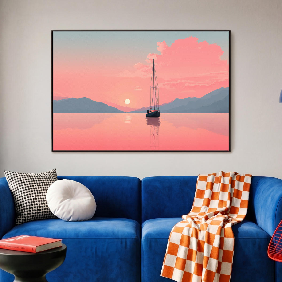 LEINWAND Bilder mit Rahmen - Segelboot - Rosa Meer - Sonnenuntergang - Berge - 90x60 - Rosa, Textil (90/60cm) - OnlyWow