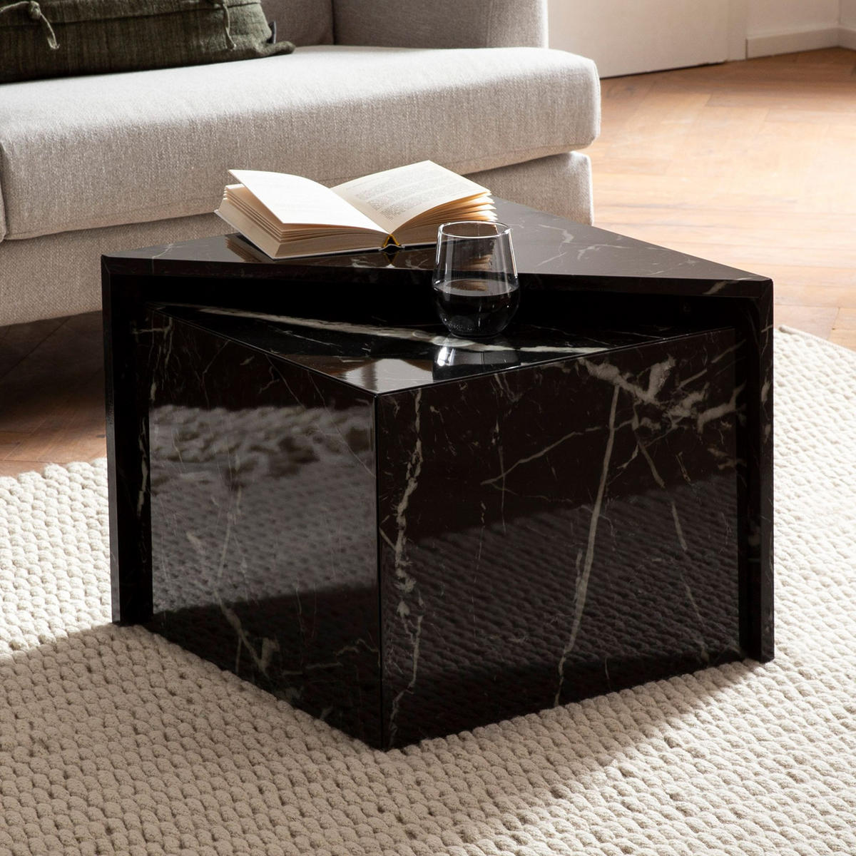 COUCHTISCH 2er Set Hochglanz Marmoroptik Verschachtelbar MONOBLOC, Schwarz 50x50x42 cm - Schwarz, Holzwerkstoff (50/50/42cm) - KADIMA DESIGN