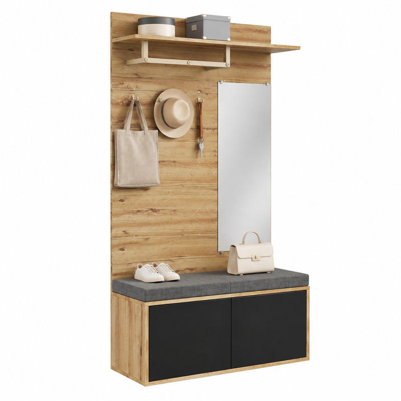KOMPAKTGARDEROBE mit Spiegel und Schuhschrank Spanplatte Schwarz - Schwarz, Holzwerkstoff (38/190/100cm) - Beauniv