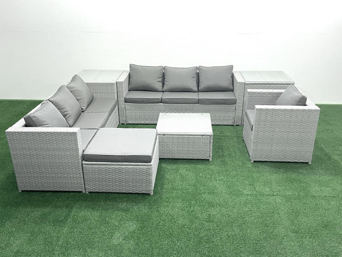 GARTENMÖBEL-SET mit Kissen Polyrattan Hellgrau-Mix 8-Sitzer - Hellgrau/Grau, Glas/Kunststoff - Fimous