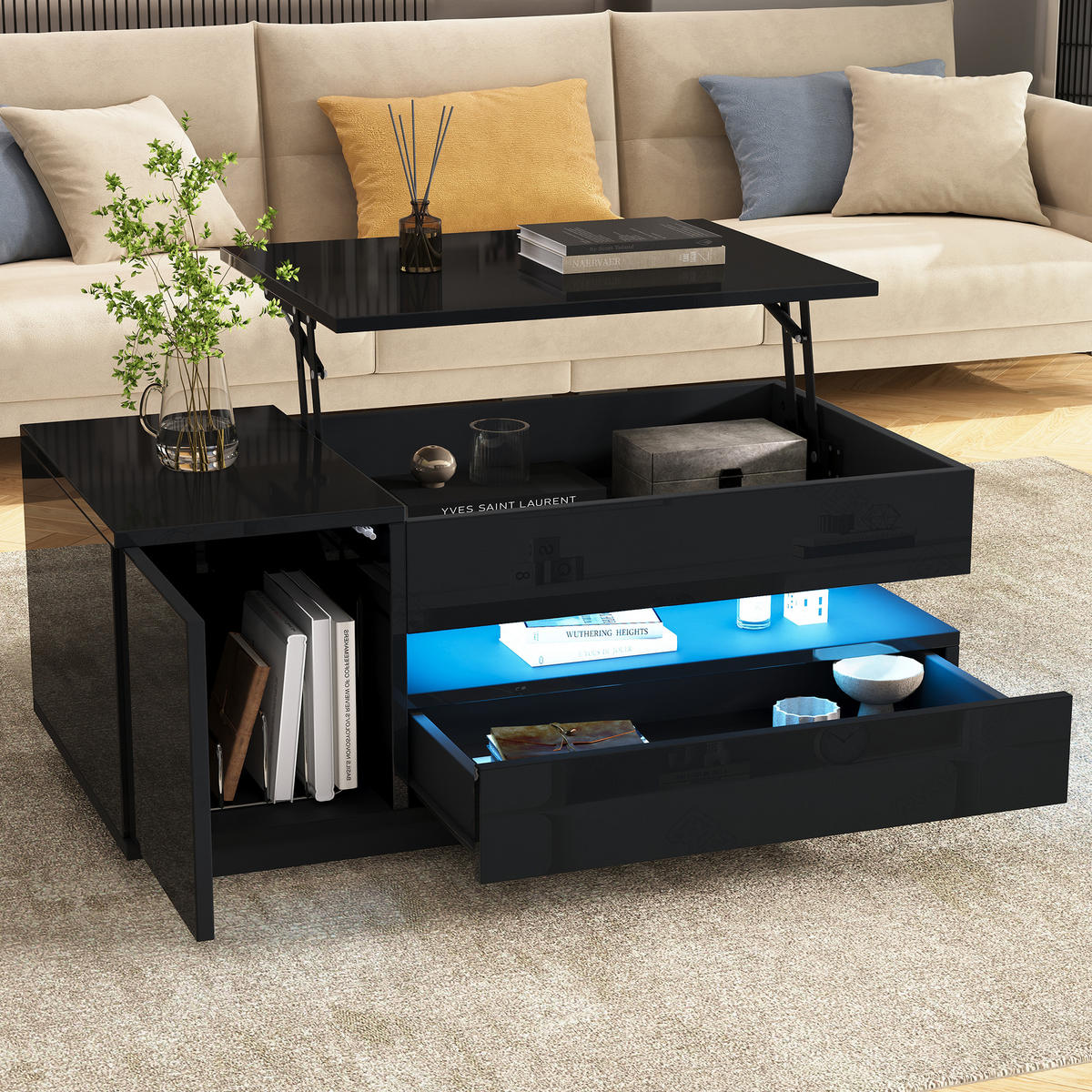 COUCHTISCH in Schwarz mit LED und Schublade für Wohnzimmer, B95/T50/H40 cm - Schwarz, Holzwerkstoff (50/95/34.5cm) - STILVORA