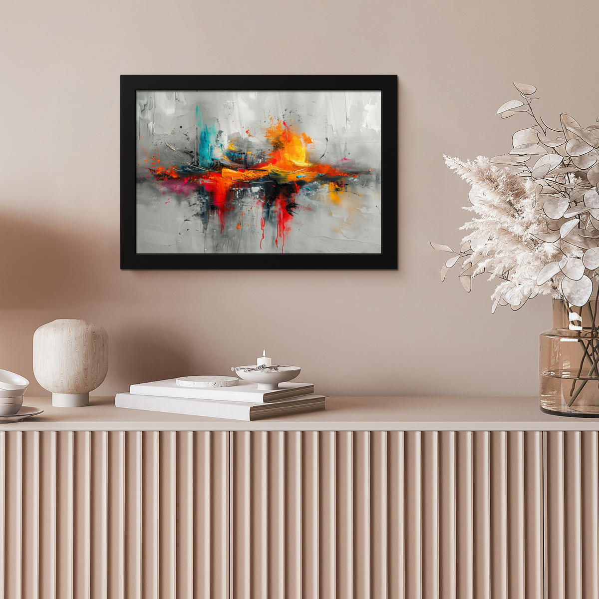 POSTER MIT RAHMEN Moderne Kunst - Orange - Grau - Abstrakt 30x20 cm - Hellgrau, Papier (30/20cm) - MuchoWow