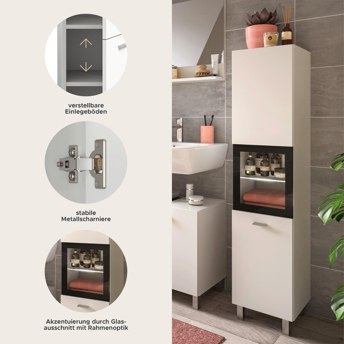 BADSCHRANK Boston/Tampa Bad in weiß Nachbildung und schwarz - modernes Design - B/H/T: 30x125x29 cm - Weiß, Holzwerkstoff (30/125/29cm)