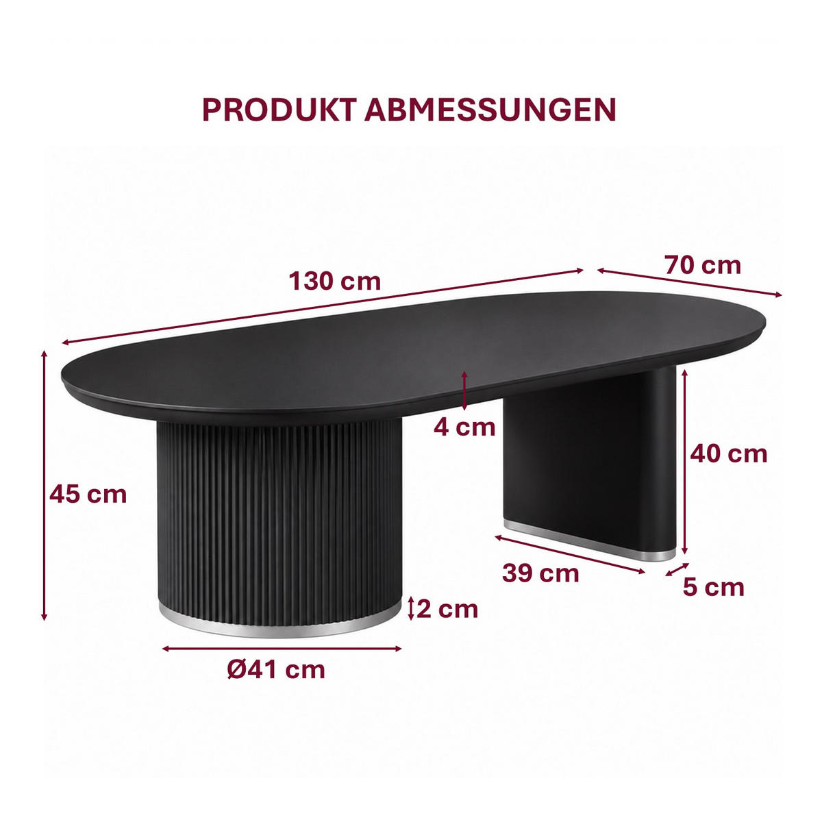 COUCHTISCH Oval Schwarz 130 × 70 cm mit geriffeltem Säulengestell und Silberakzenten - Schwarz, Holzwerkstoff (70/130/45cm)
