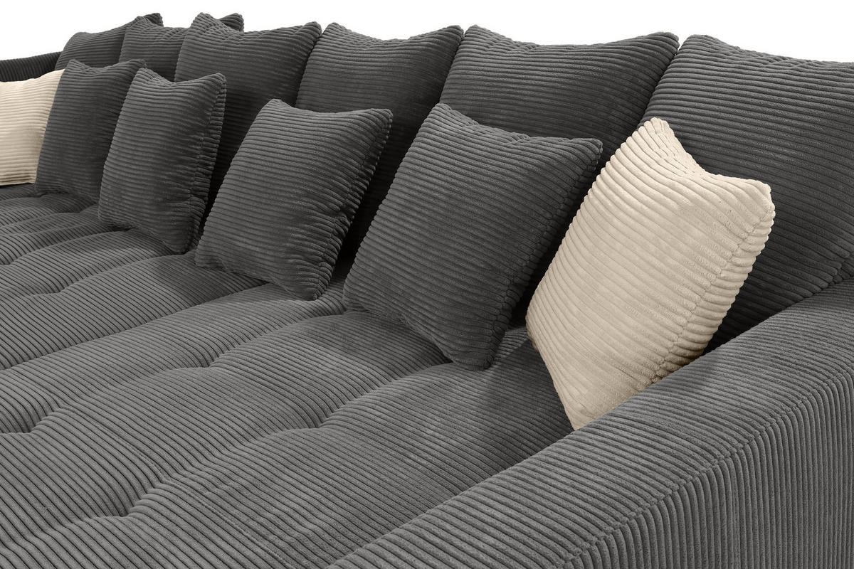 ECKSOFA mit dekorativen Steppungen und Rutschenlehne, seitenverkehrt montierbar B326/T213/H91 cm, Cord Grau Anthrazit / 15222 - Schieferfarben/Anthrazit, Textil/Metall (326/213cm) - luma-home