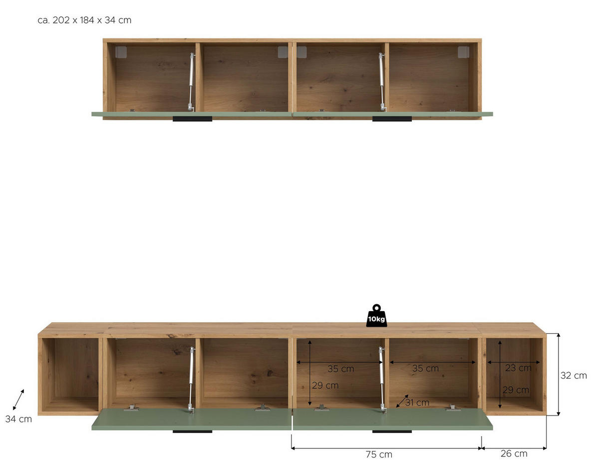 WOHNKOMBINATION THE ONE (B/H/T: ca. 202/184/34 cm) in Artisan Oak Nachbildung/Smoke Green - Eiche Artisan, Holzwerkstoff (202/184/34cm)