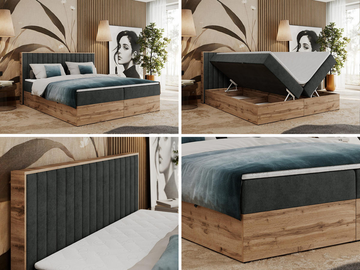 BOXBETT ALBERO 4 - 160/200 Dunkelgrau Struktur - H3 - Dunkelgrau, Holz/Textil (160/200cm) - MKS